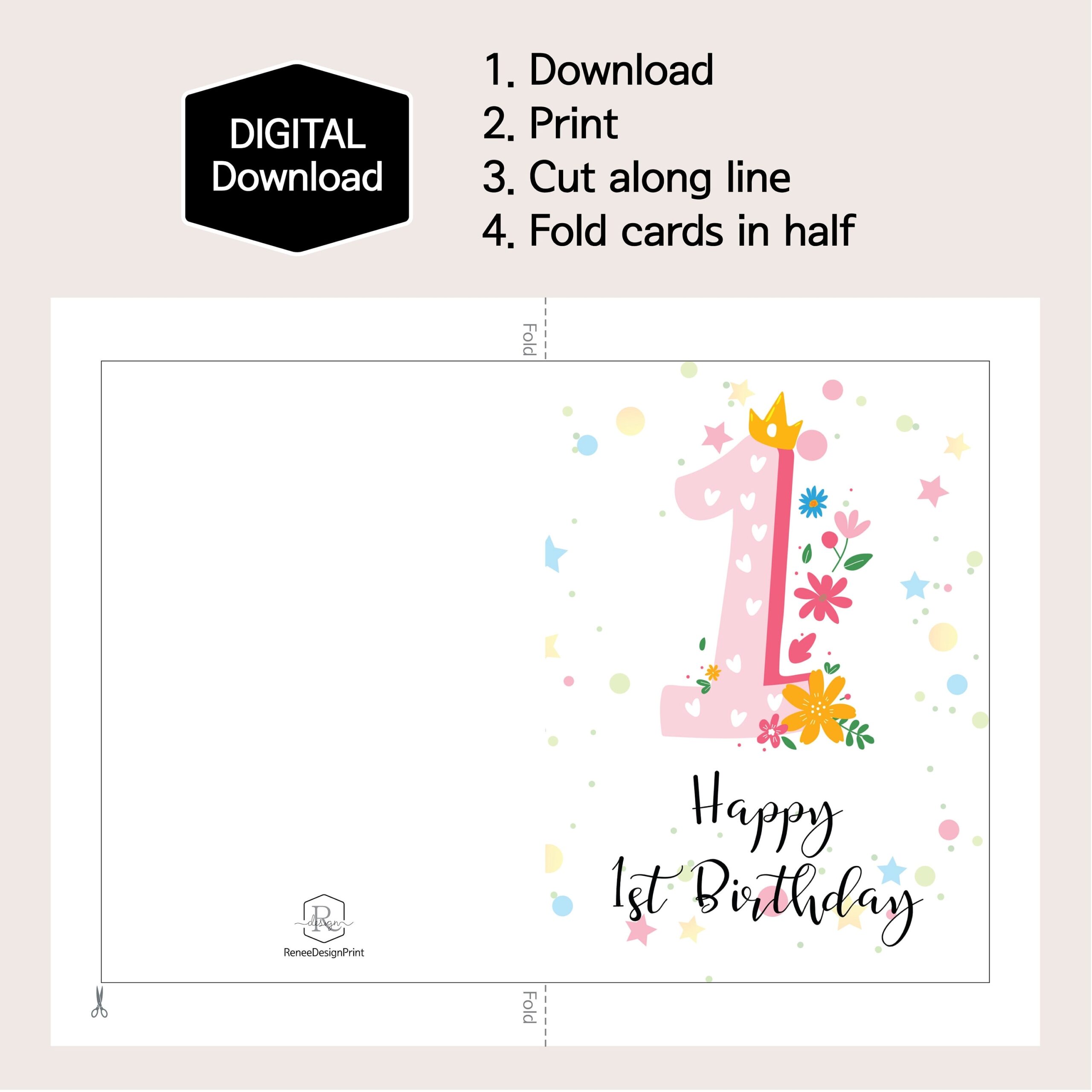 1st Birthday Card For Girl crown First Birthday Card one Year Old Birthday pink NO 1 Birthday Card instant Download printable Card Etsy