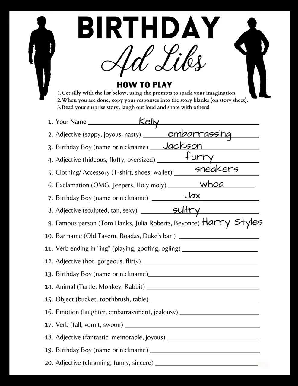 Adult Birthday Ad Libs Game Funny Story For Him Digital Download 