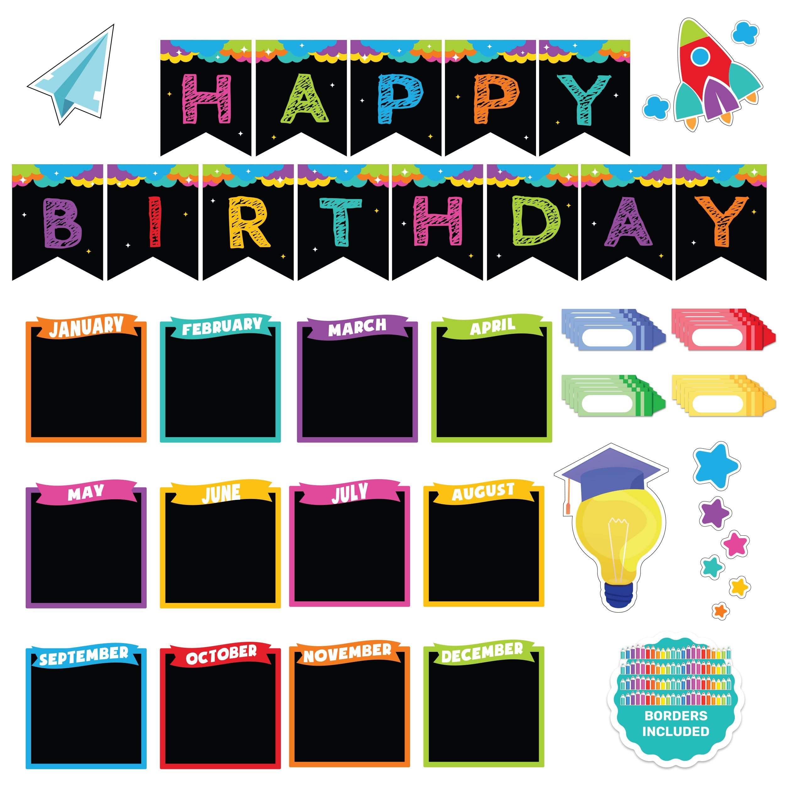 Amazon Decorably 88 Pcs Cutouts Chalkboard Vibrant Happy Birthday Bulletin Board Decorations With Accompanying Borders Birthday Bulletin Board Set For Classroom Wall Office Products Amazon Decorably 88 Pcs Cutouts Chalkboard Vibrant Happy Birthday Bulletin Board Decorations With Accompanying Borders Birthday Bulletin Board Set For Classroom Wall Office Products