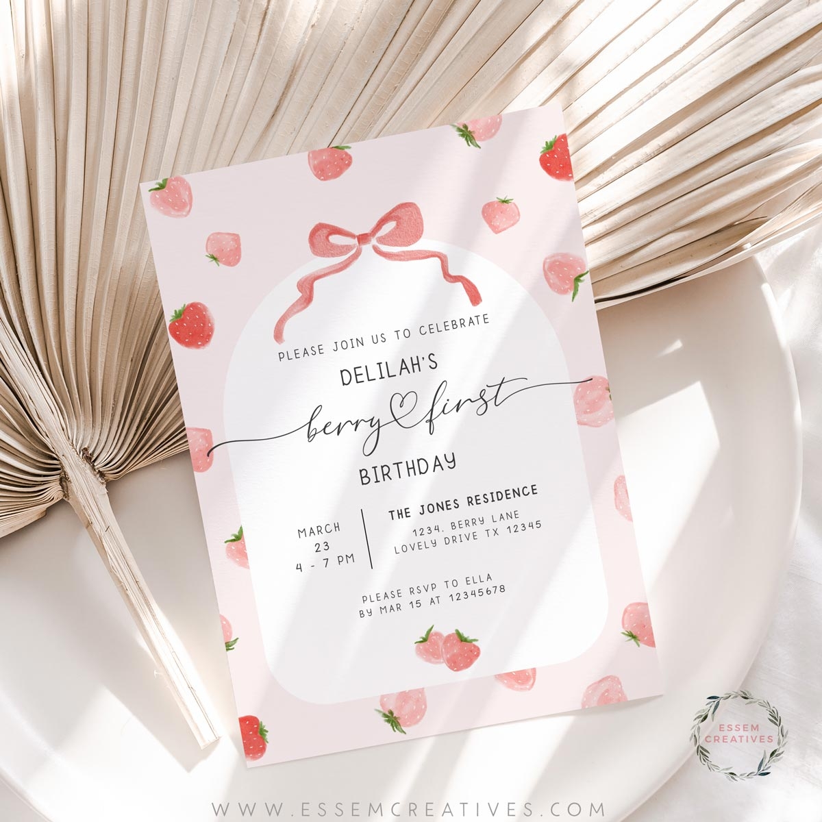 Berry First Birthday Party Invitation Printable Strawberry Birthday Invitation Girl 1st Birthday Invite Berry Sweet Birthday Decor 504