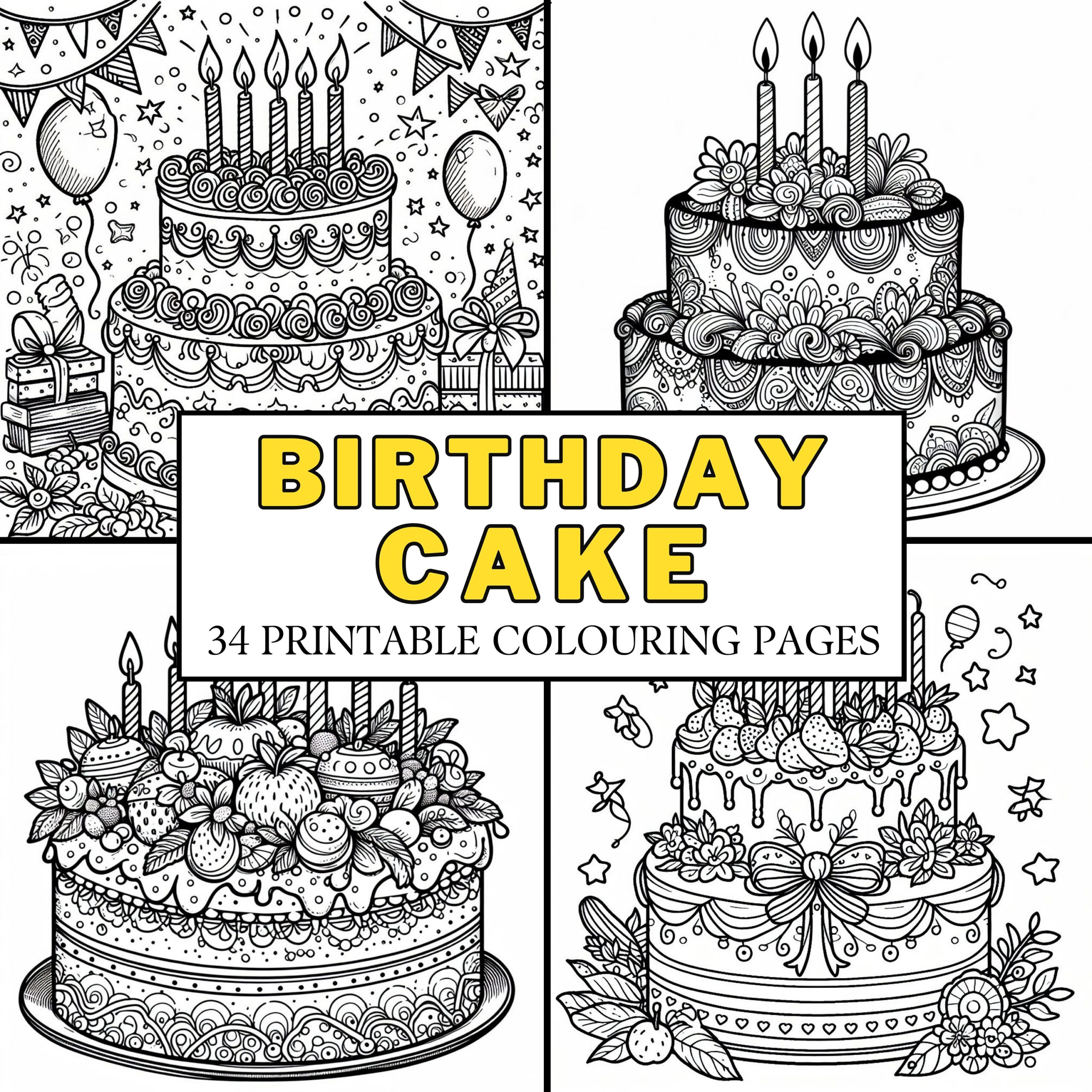 Birthday Cake COLOURING PAGES 34 Printable Coloring Pages Mindful Calming Relaxing Cute Birthday Activity Fun For Kids Teens U0026 Adults Etsy