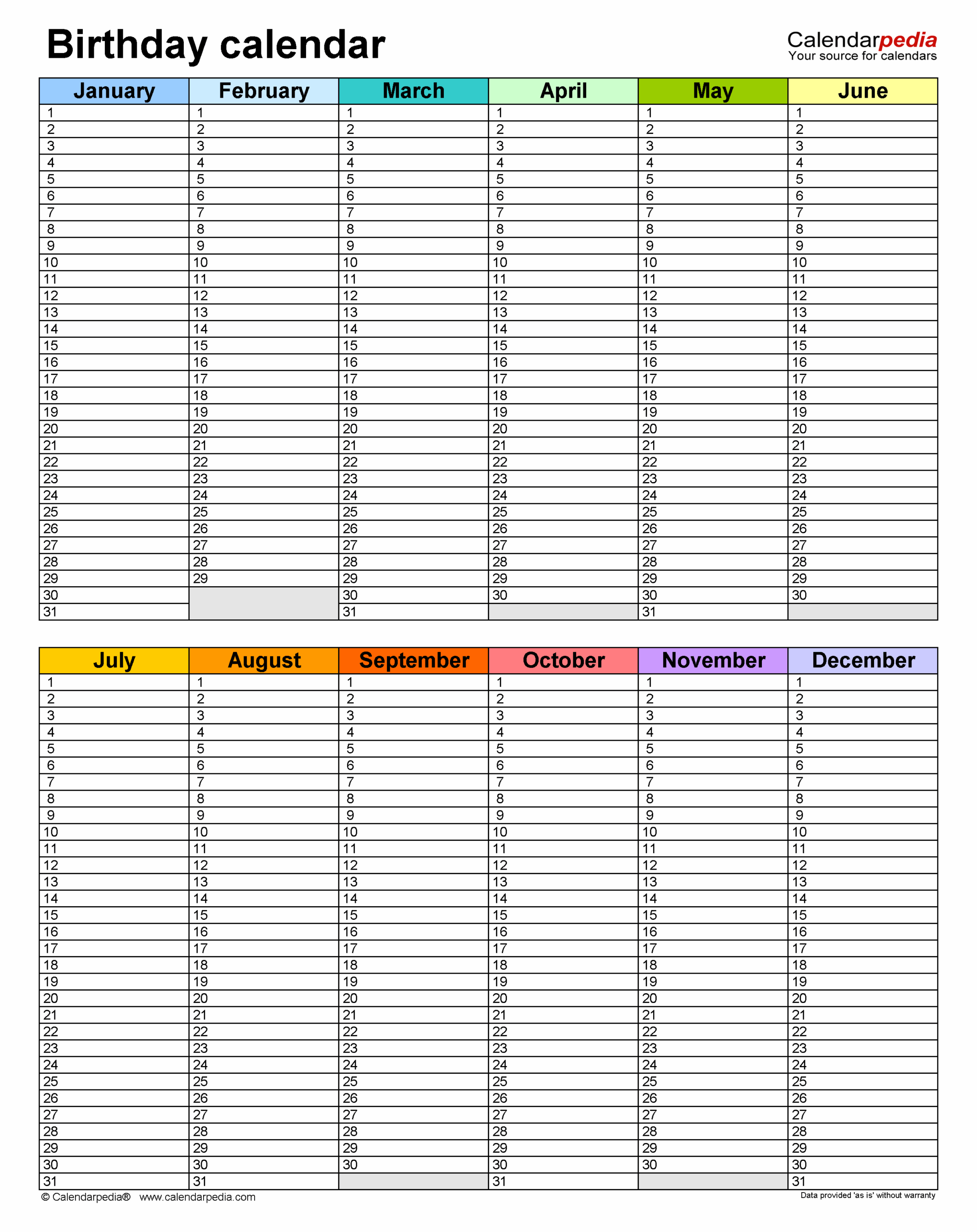 birthday calendar printable pdf