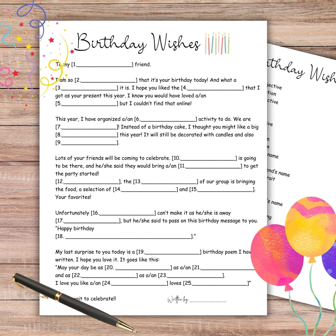 Birthday Mad Libs Birthday Madlib Madlib Game Funny Printable Madlib Etsy