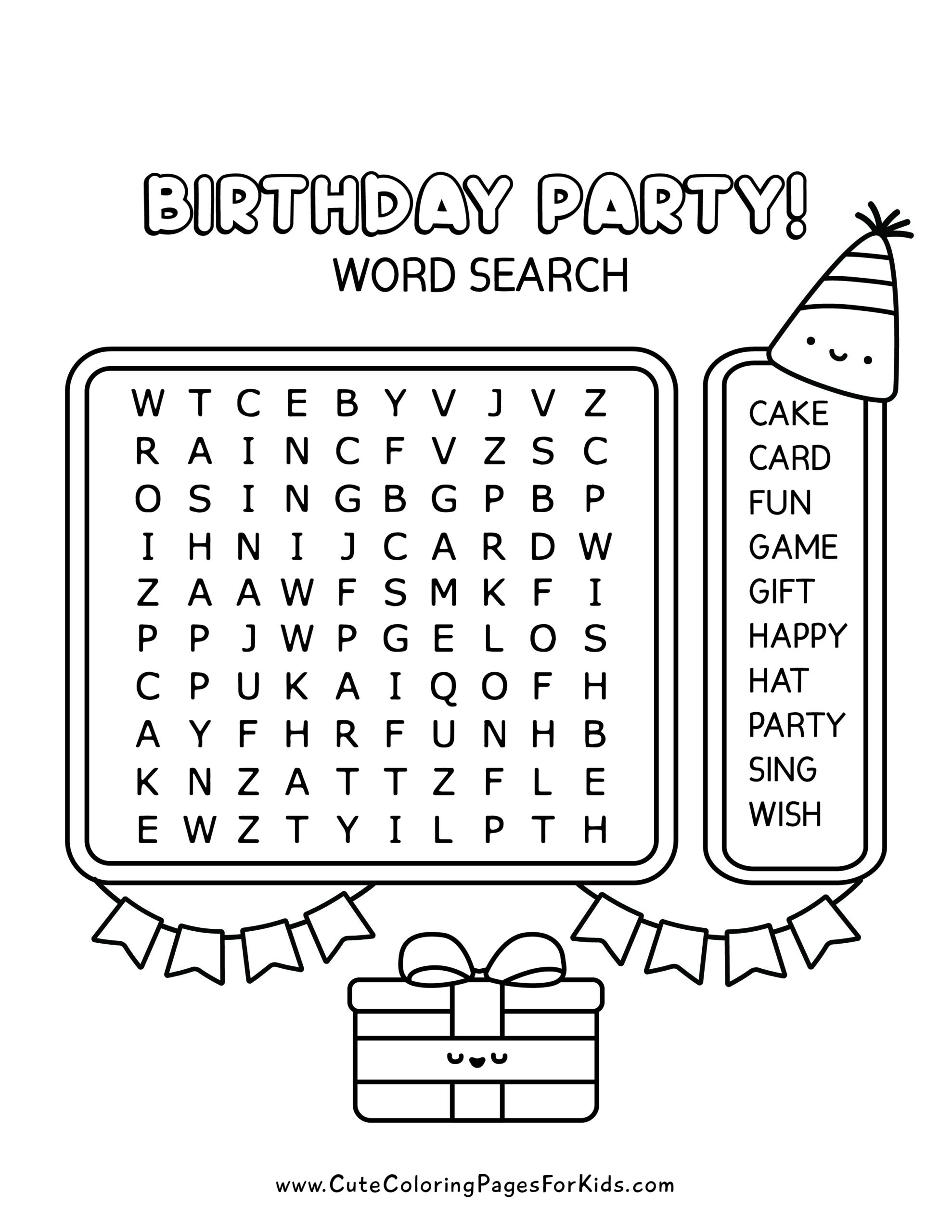 Birthday Party Word Search Cute Coloring Pages For Kids Birthday Party Word Search Cute Coloring Pages For Kids