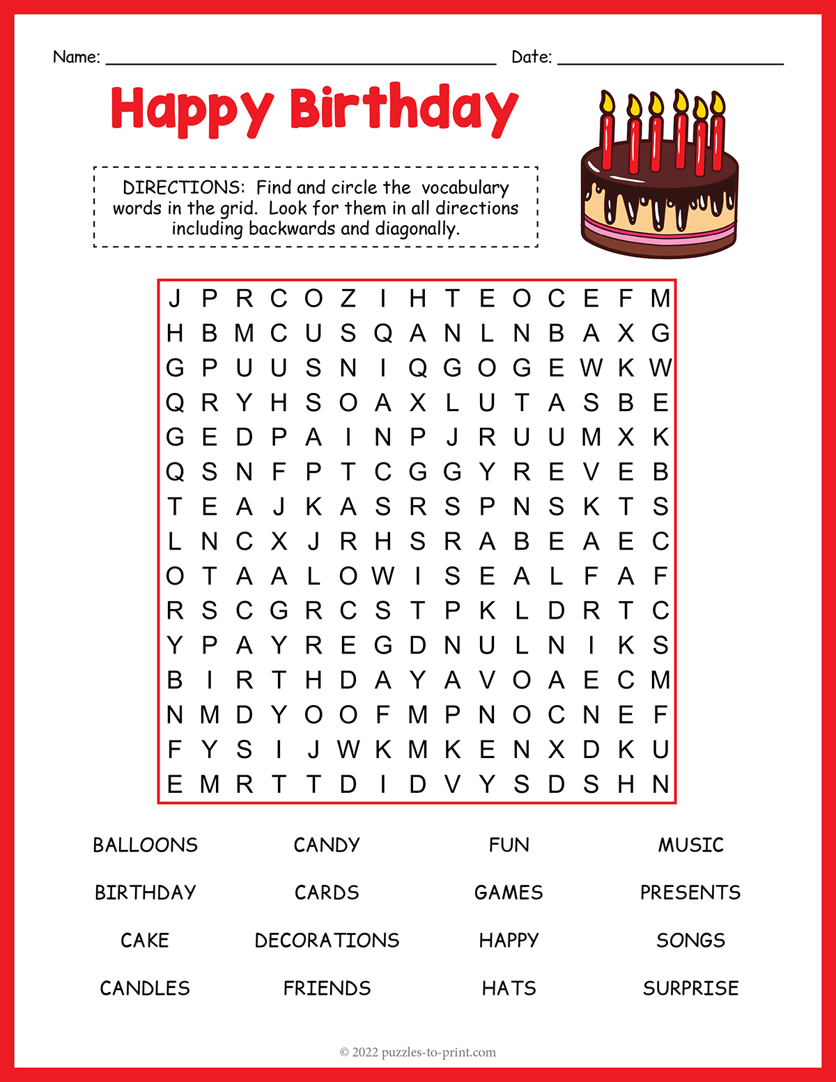 Birthday Word Search Printable