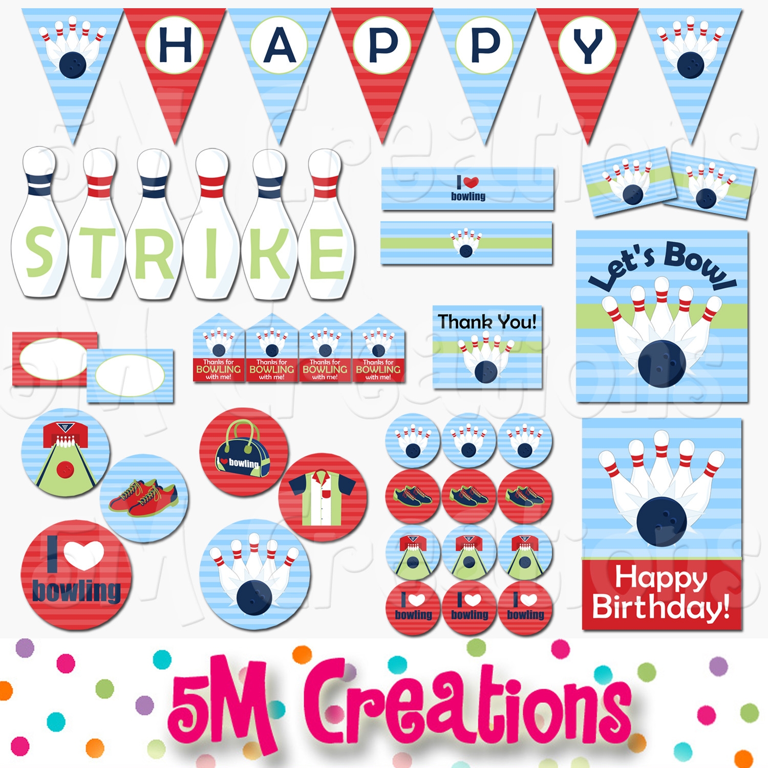 Bowling Birthday Party Printable Decorations Instant Download 