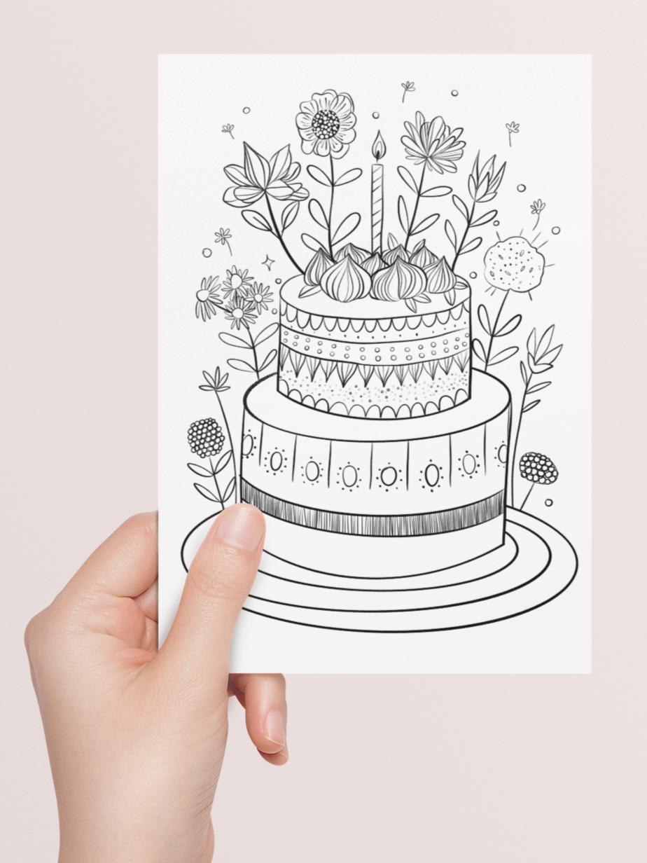 Coloring Greeting Card Printable Birthday Cake And Flowers 