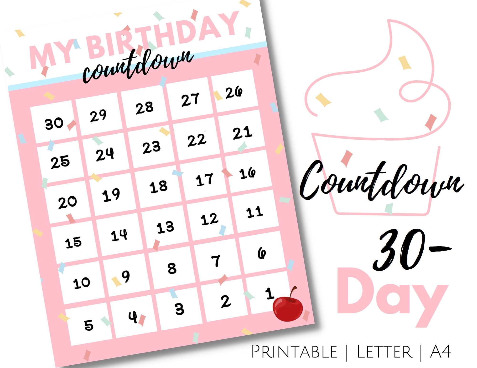 Countdown To Birthday Printable 30 Day Birthday Countdown Kids Birthday Countdown In Pink Cupcake Etsy