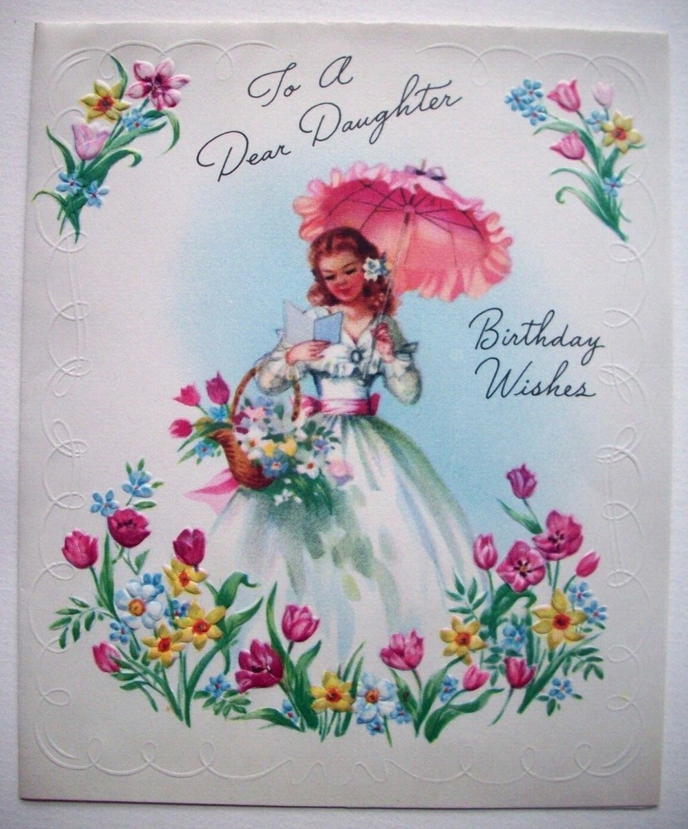 Dear Daughter Girl W Flowers Embossed Vintage Birthday Greeting Card M4 Dear Daughter Girl W Flowers Embossed Vintage Birthday Greeting Card M4