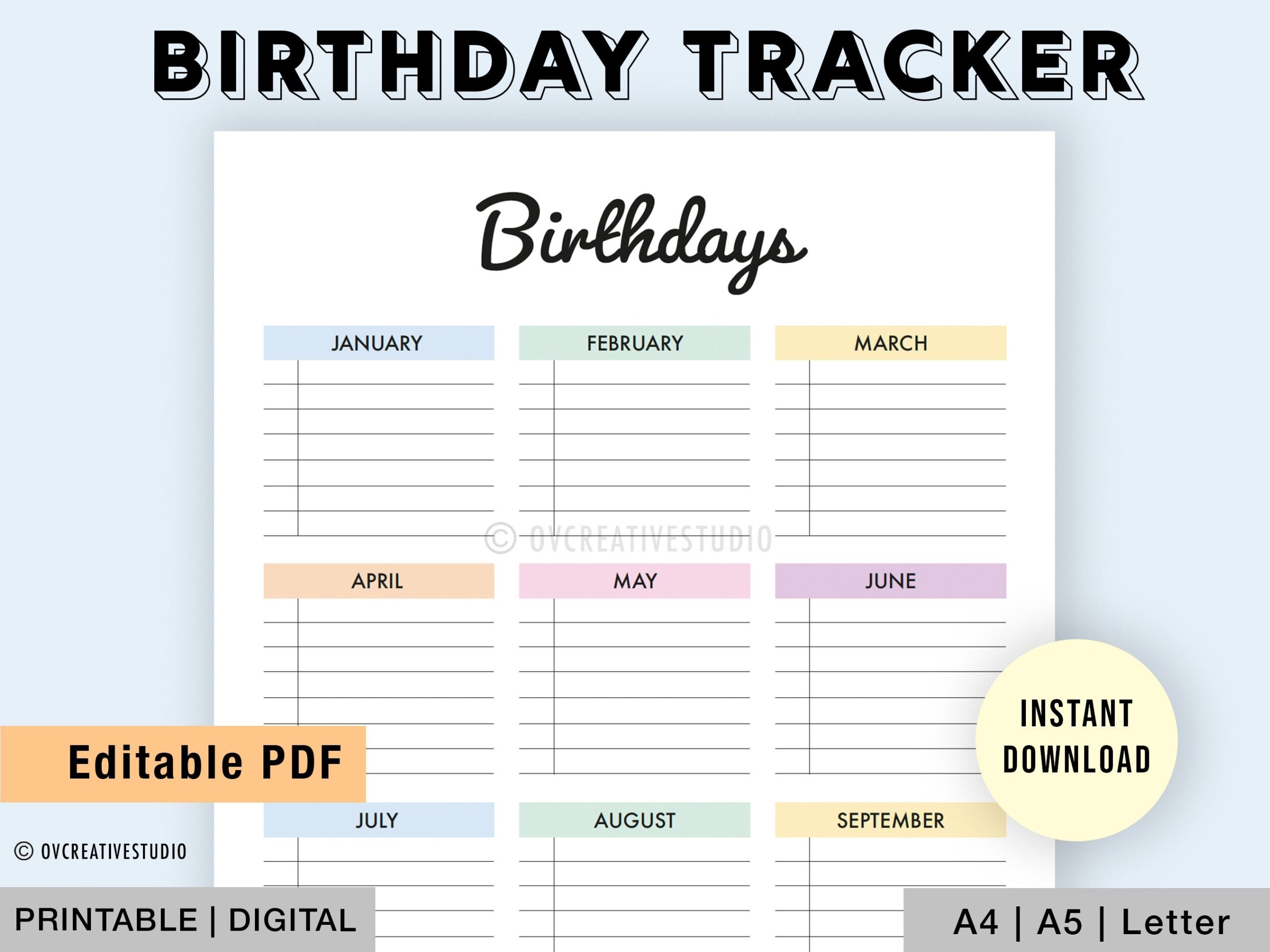 Editable Birthday Tracker Printable Birthday List Birthday Planner Birthday Reminder Birthday Insert A4 A5 Letter Digital PDF Etsy