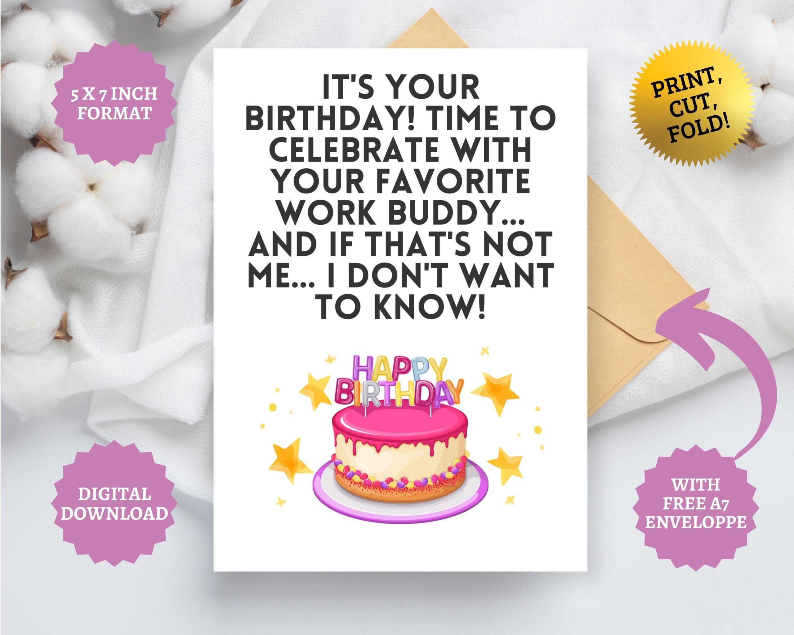 Funny Coworker Birthday Card Printable Office Gift A7 Envelope 