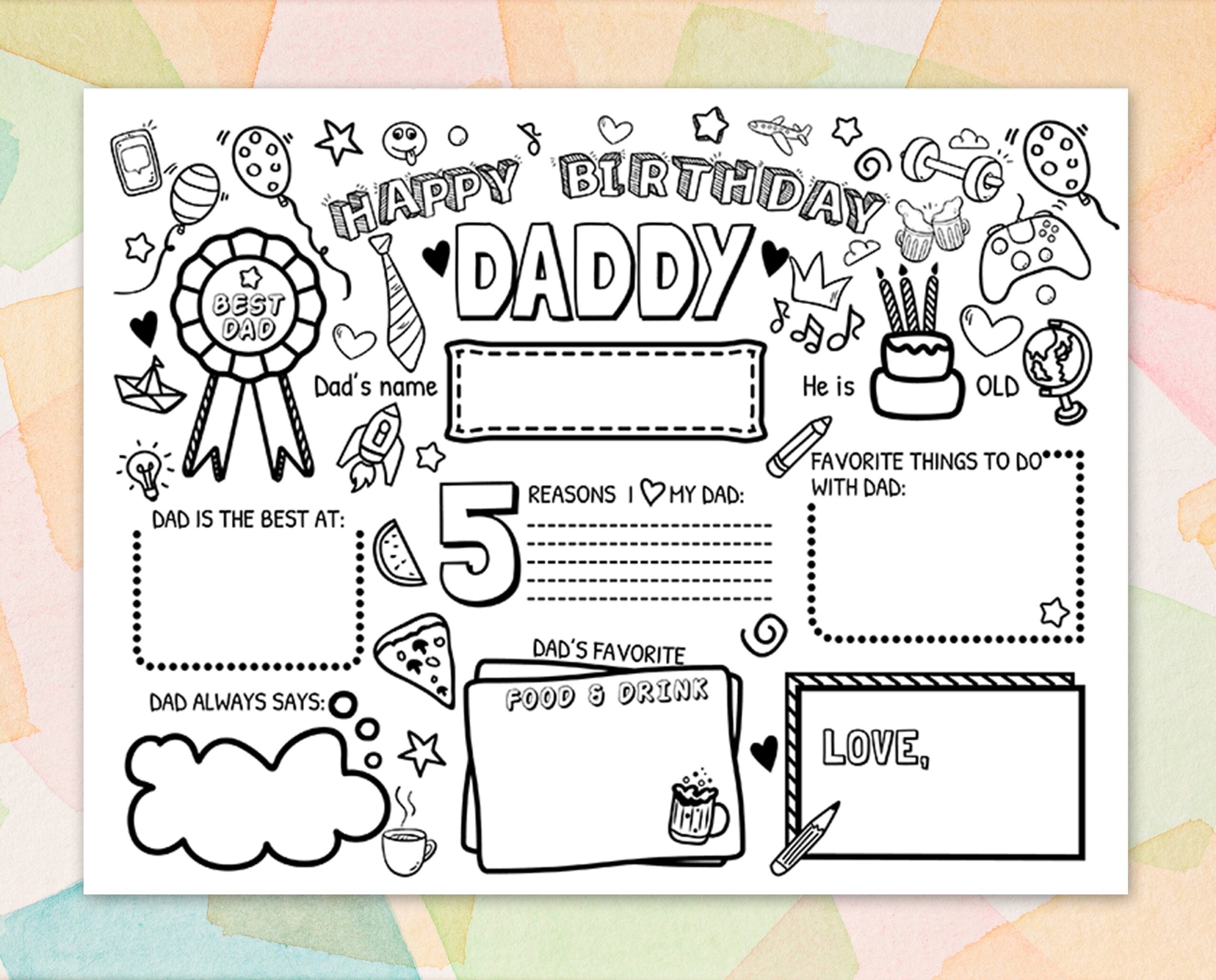 Happy Birthday Daddy Coloring Page Printable Birthday Card For Dad Card From Son Father Daughter Gift Etsy