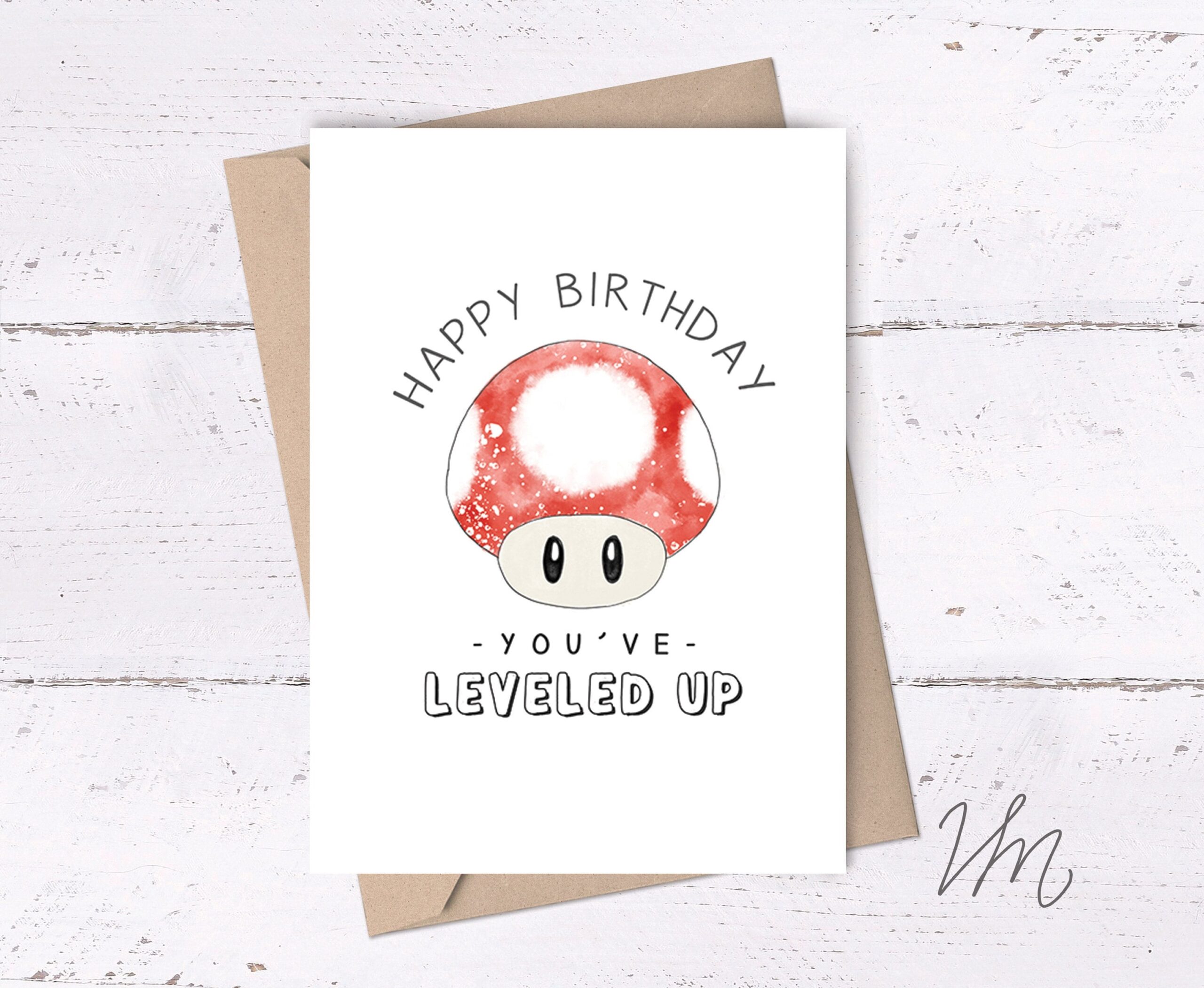 Happy Birthday Level Up Mushroom Card Printable Birthday Card For Gamers Mario Bros Cards Mario Mushroom Card Cute Gamer Birthday Card Etsy