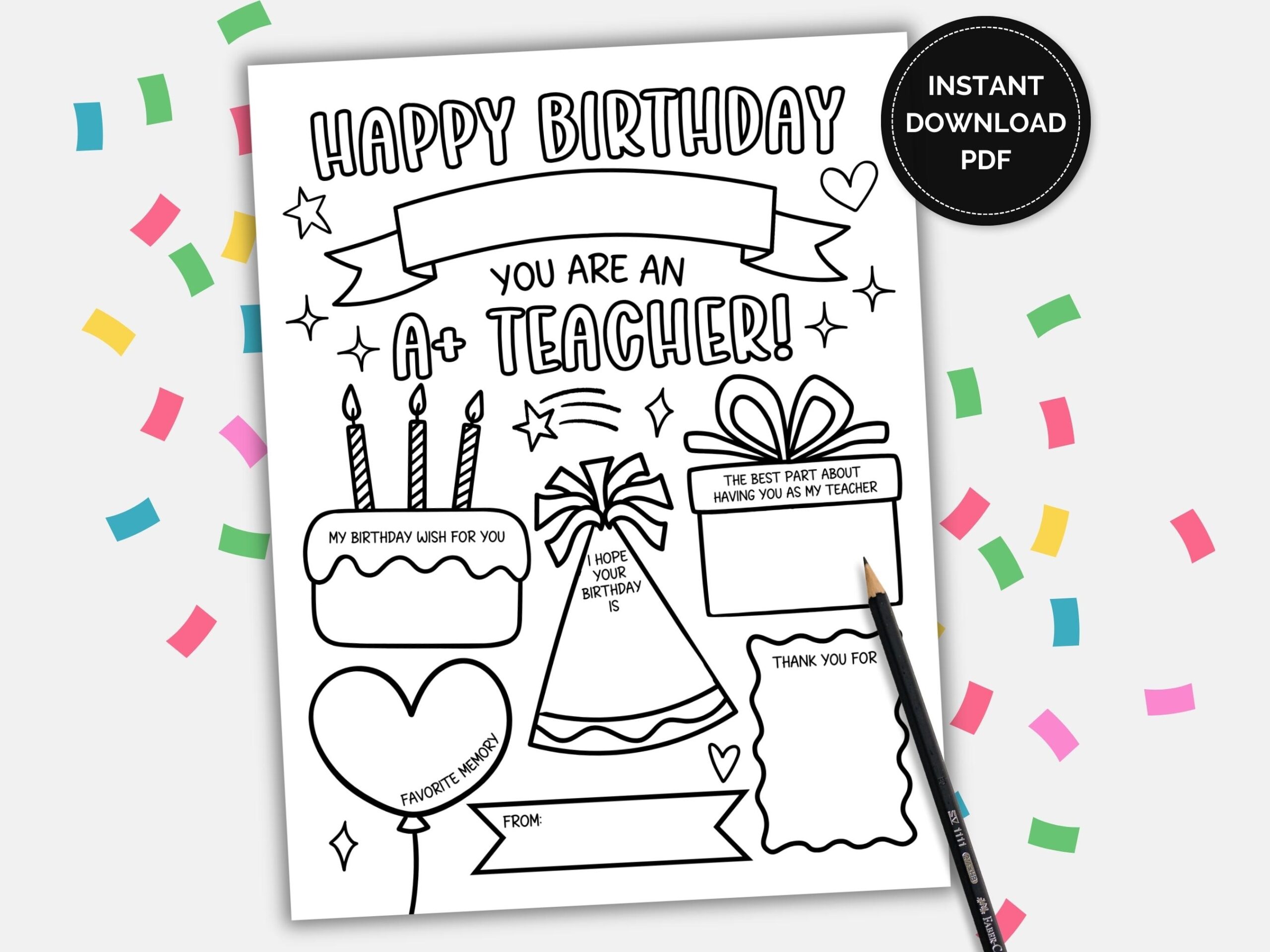 Happy Birthday Teacher Teacher Appreciation Printable Teacher Birthday Coloring Card Happy Birthday Card For Teacher Teacher Keepsake Etsy