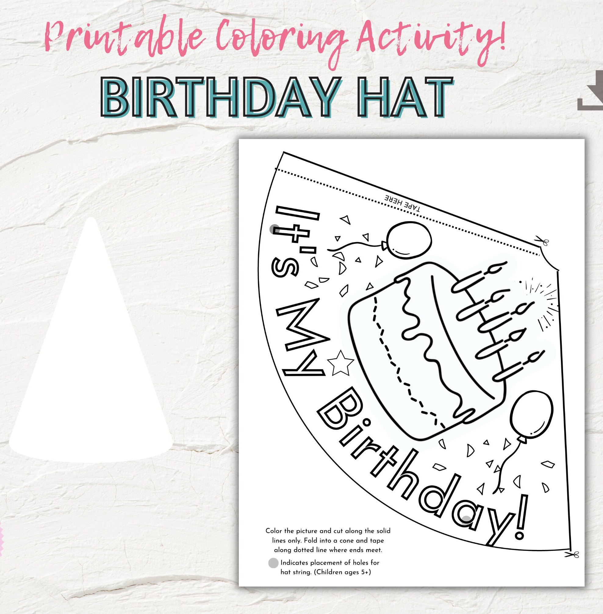Kid s Birthday Hat Printable It s My Birthday Hat Children s Craft Paper Hat Birthday Cone Hat Coloring Page Etsy