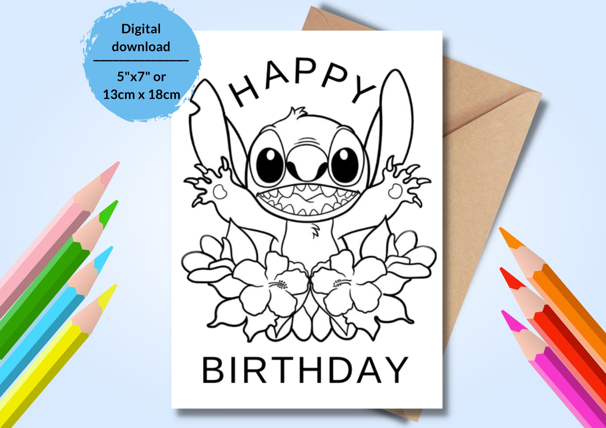Lila And Stitch Printable Coloring Birthday Card Coloring Birthday Greeting With Stitch Printable Coloring Happy Birthday Card For Kids Etsy