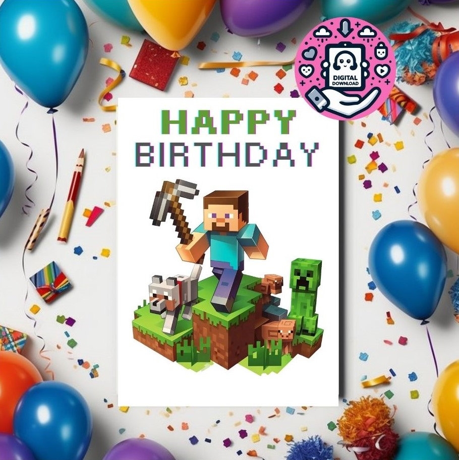 Minecraft Birthday Card Minecraft Digital Download Steve 