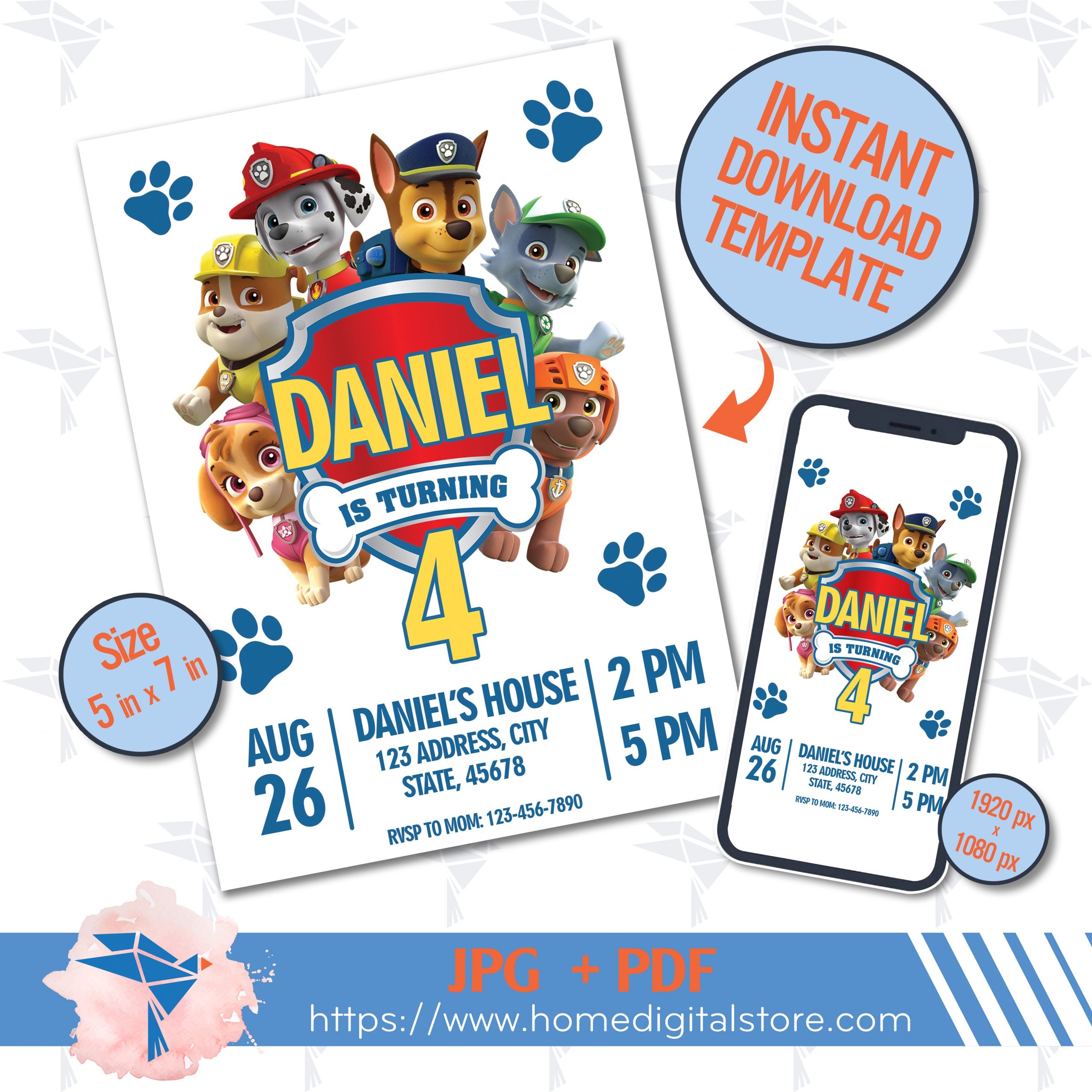 Paw Patrol Birthday Invitation JPG PDF