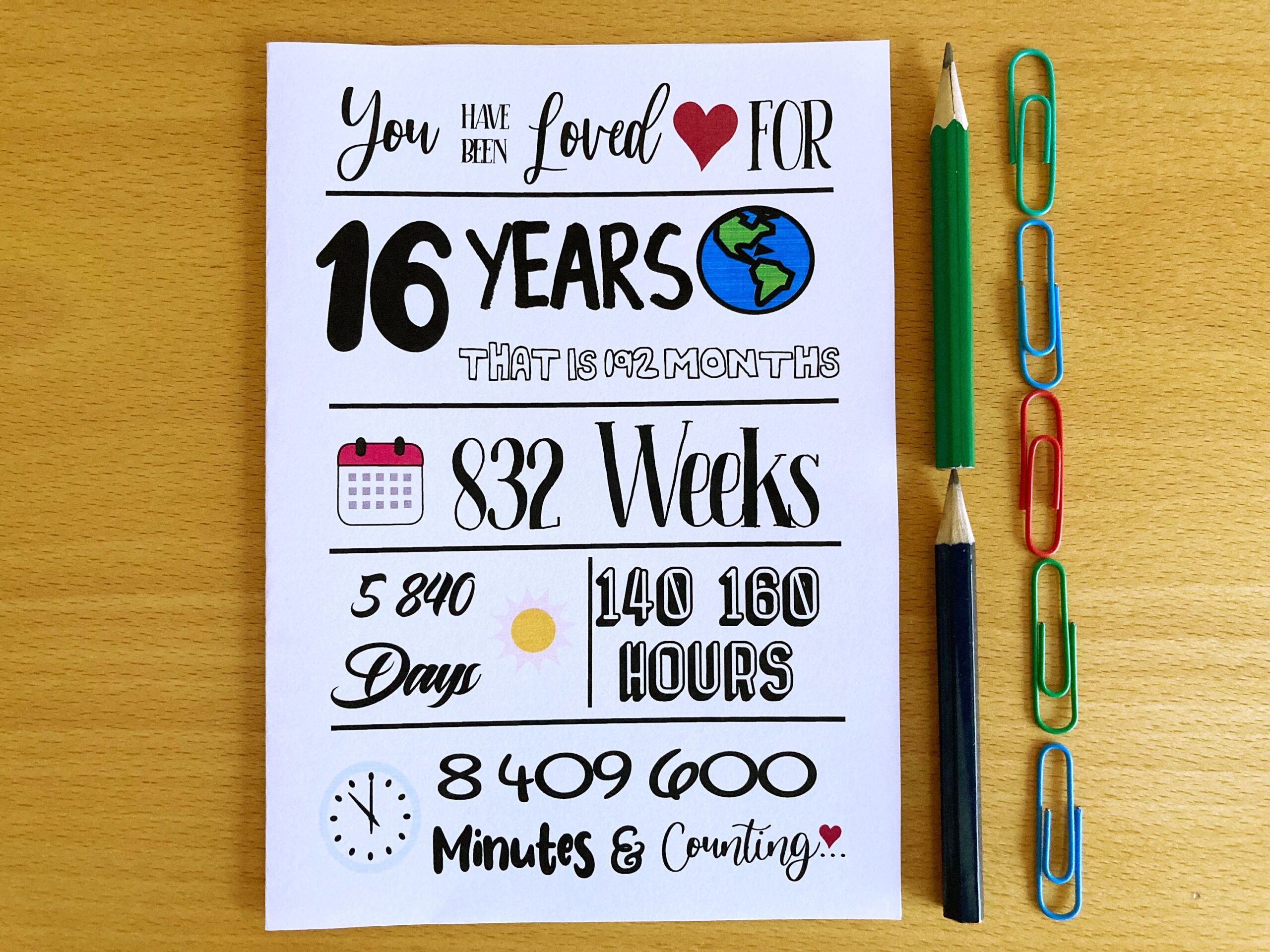 Printable 16th Birthday Card Loved For 16 Years Instant Download 
