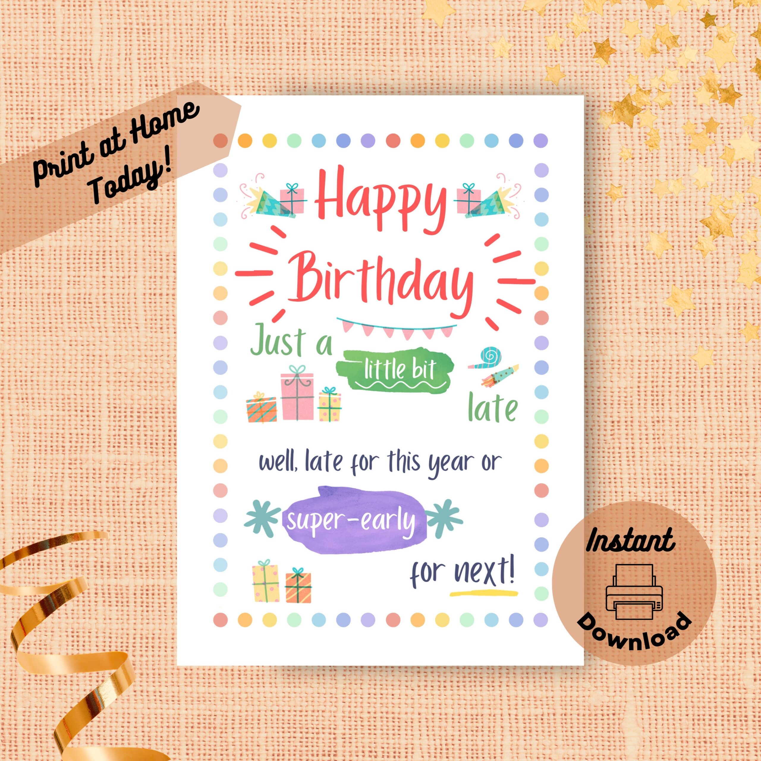 Printable Belated Birthday Card Instant Download Print At Home Printable Belated Birthday Card Instant Download Print At Home