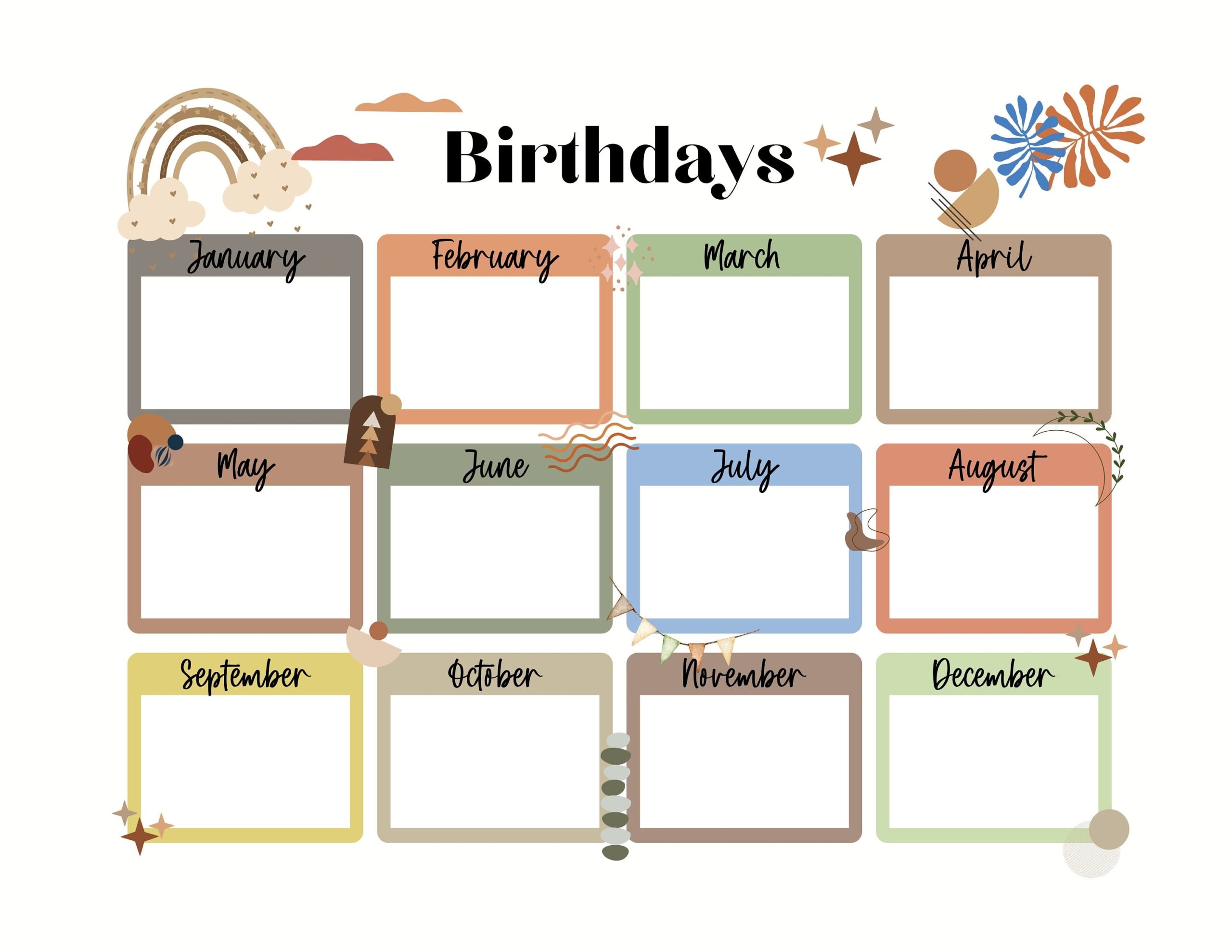 PRINTABLE Birthday Monthly Calendar Kids Boho Cute Birthday 