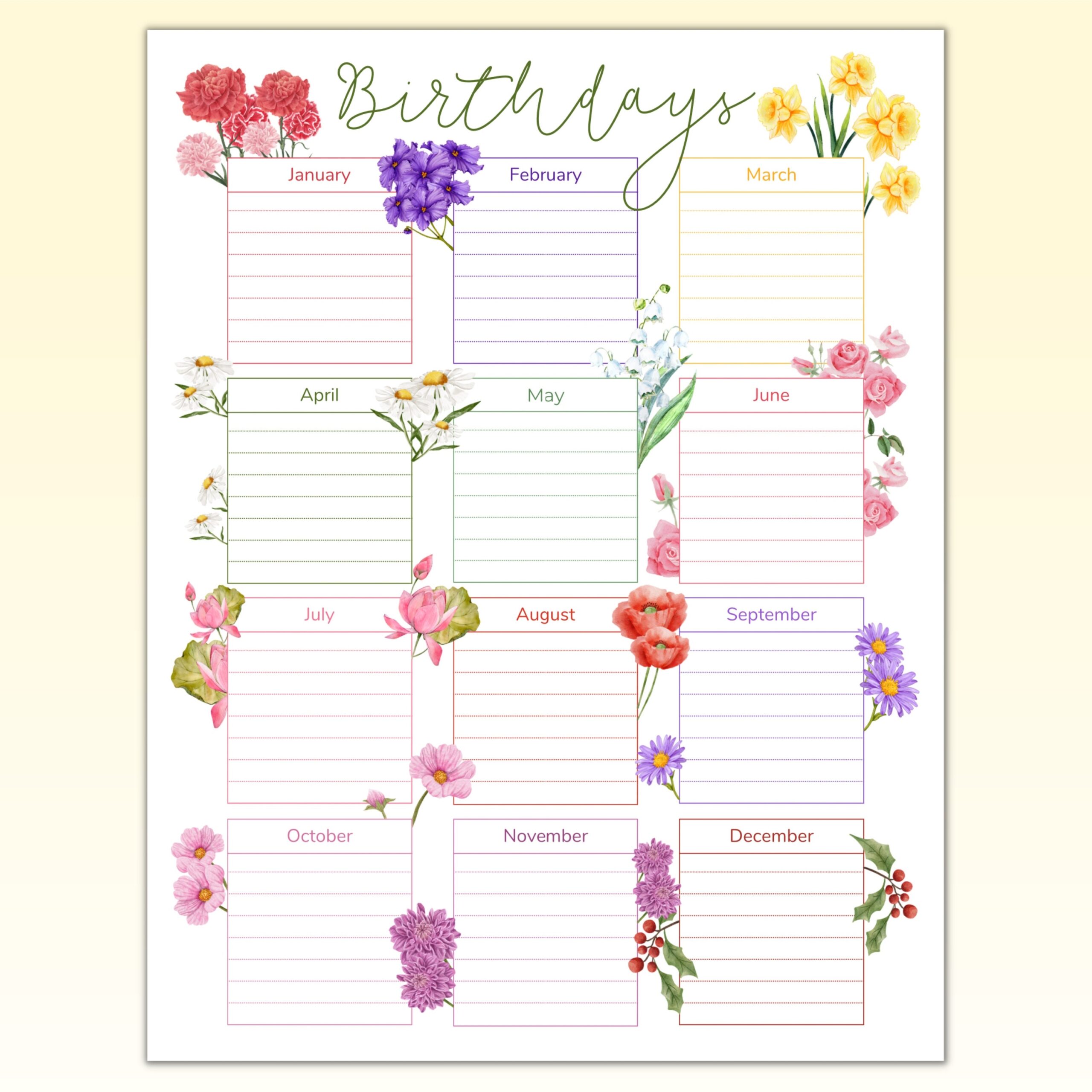 Printable Birthday Tracker Birth Month Flowers Calendar Birthday Reminder Board Yearly Event Scheduler Etsy