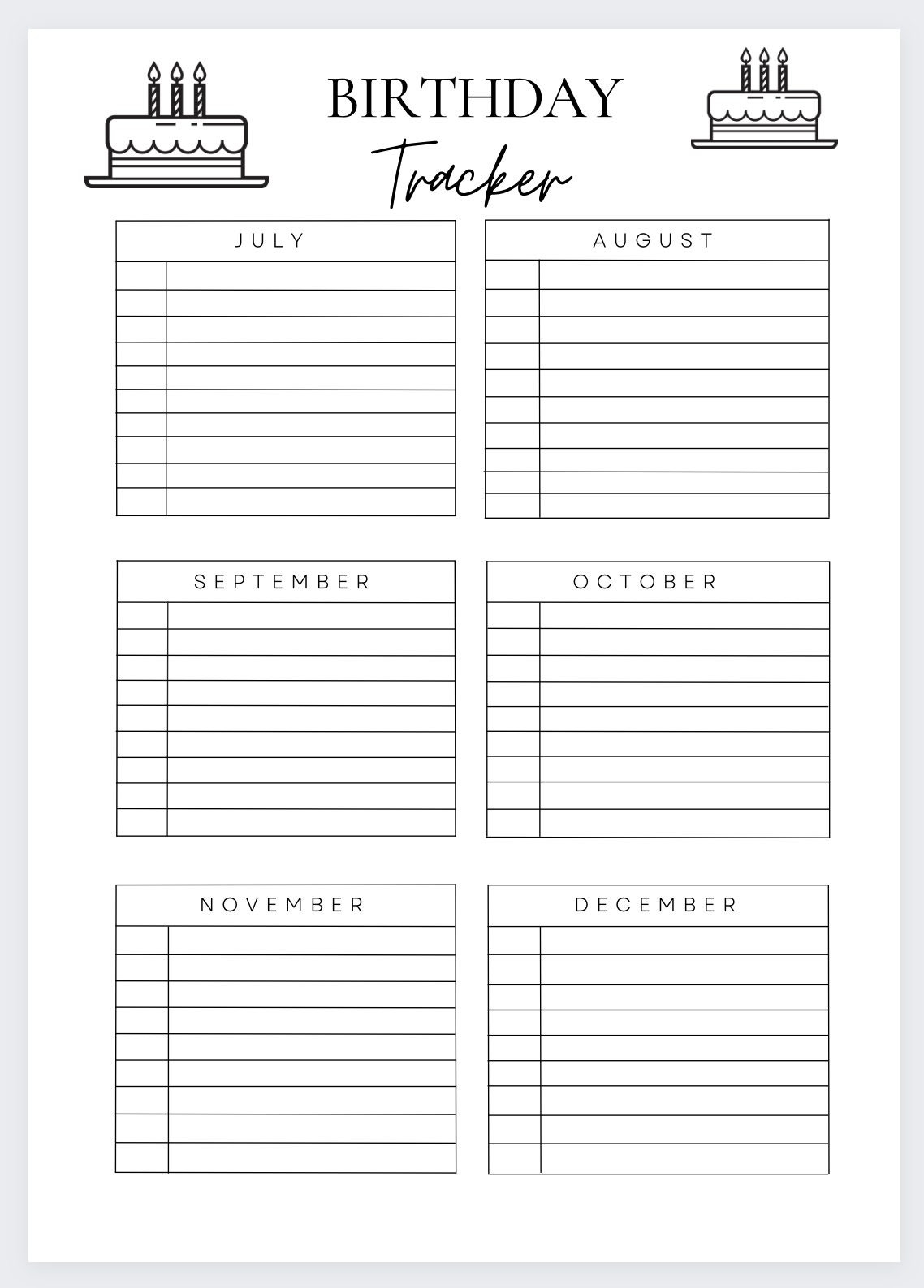 Printable Birthday Tracker Minimalist Birthday List digital Download Etsy