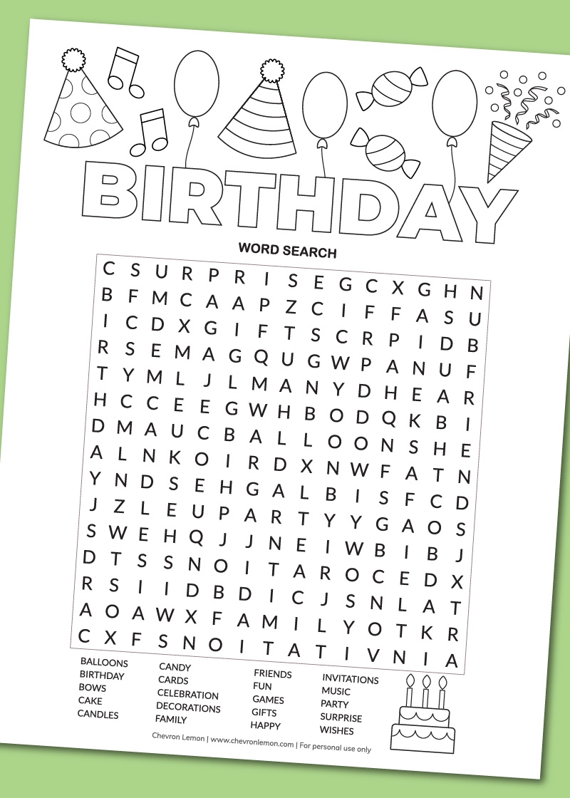Printable Birthday Word Search Chevron Lemon Printable Birthday Word Search Chevron Lemon