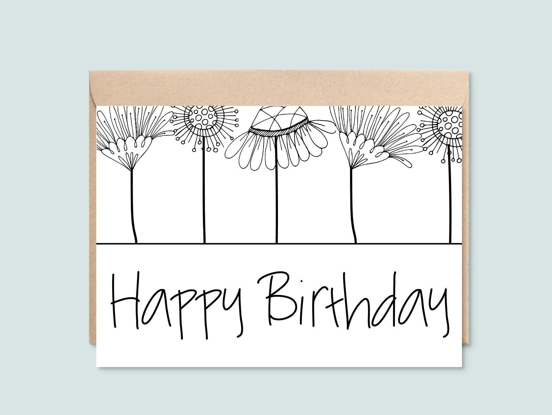 Printable Happy Birthday Card Black And White Floral Line Art Instant Download 5X7 Greeting Card Etsy