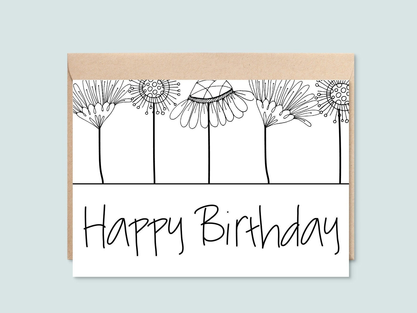 Printable Happy Birthday Card Black And White Floral Line Art 