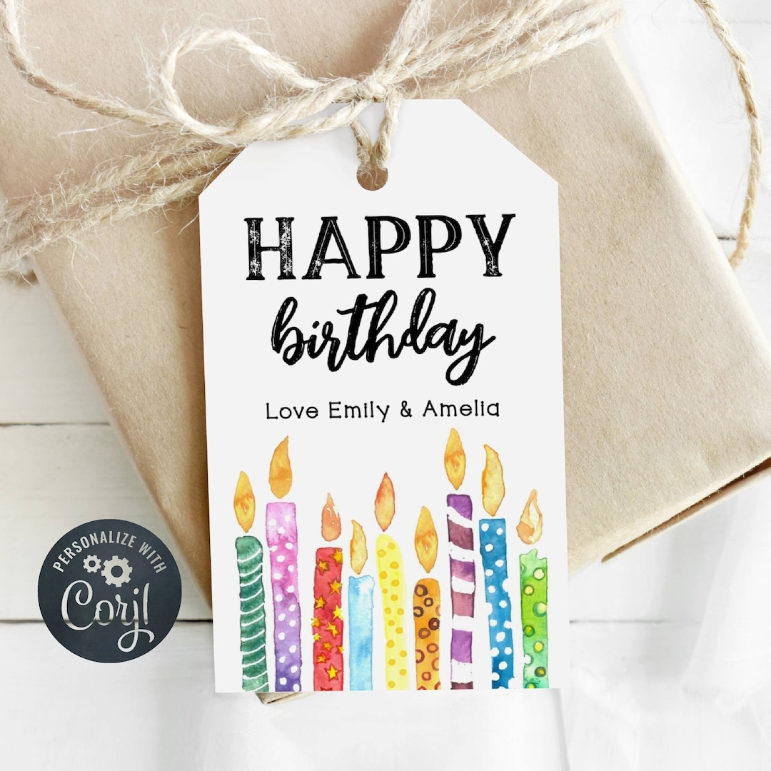 Printable Happy Birthday Gift Tag Template Watercolor Candles Favor Tag Editable Rainbow Birthday Tags Instant Download Etsy