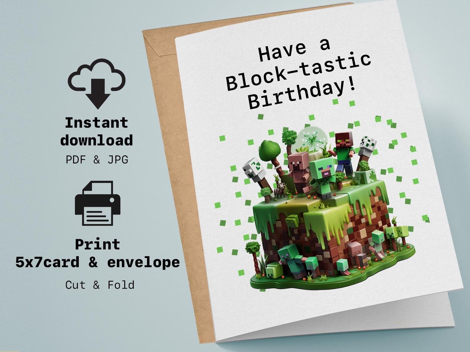 Printable Minecraft Creeper Birthday Card Digital Download And Printable 5x7 Greeting Card With Envelope Etsy
