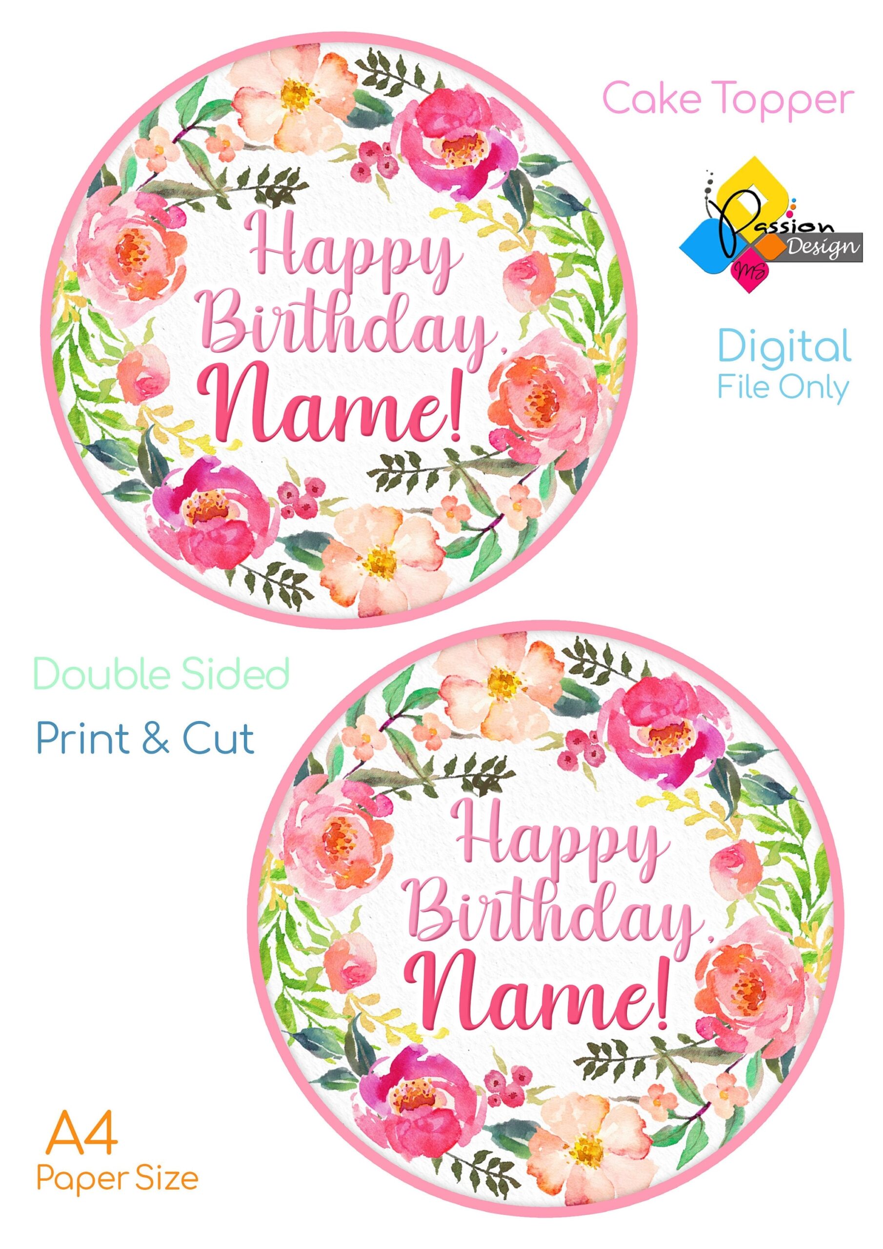 Printable PINK FLOWERS Birthday Cake Topper Custom Name Cake Topper DIY Floral Birthday Cake Topper Personalized Pink Flowers Centerpiece Etsy