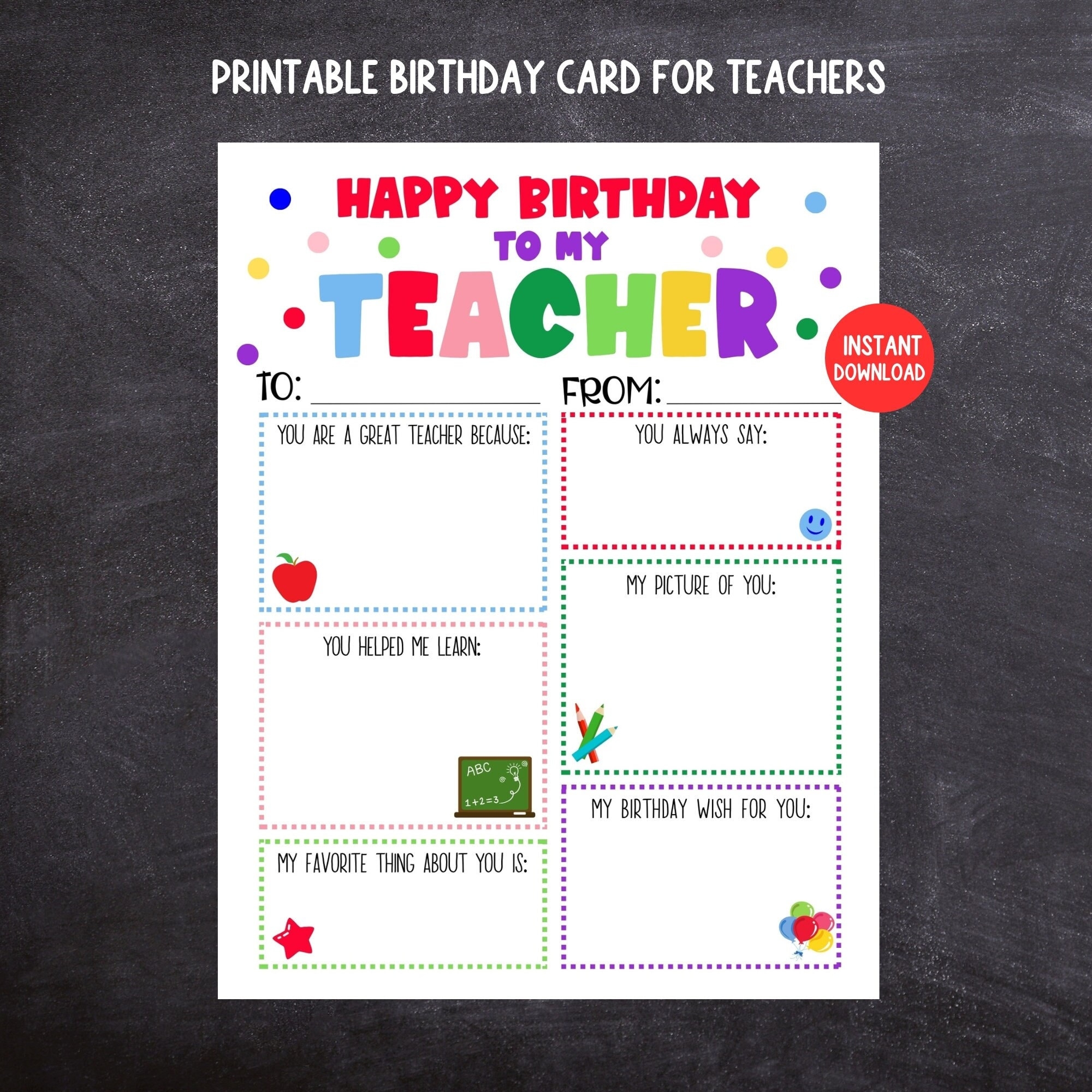 Teacher Birthday Card Printable Kids Birthday Card For Teachers Teacher Keepsake Kids Fill In The Blank Birthday Card For Teacher Etsy