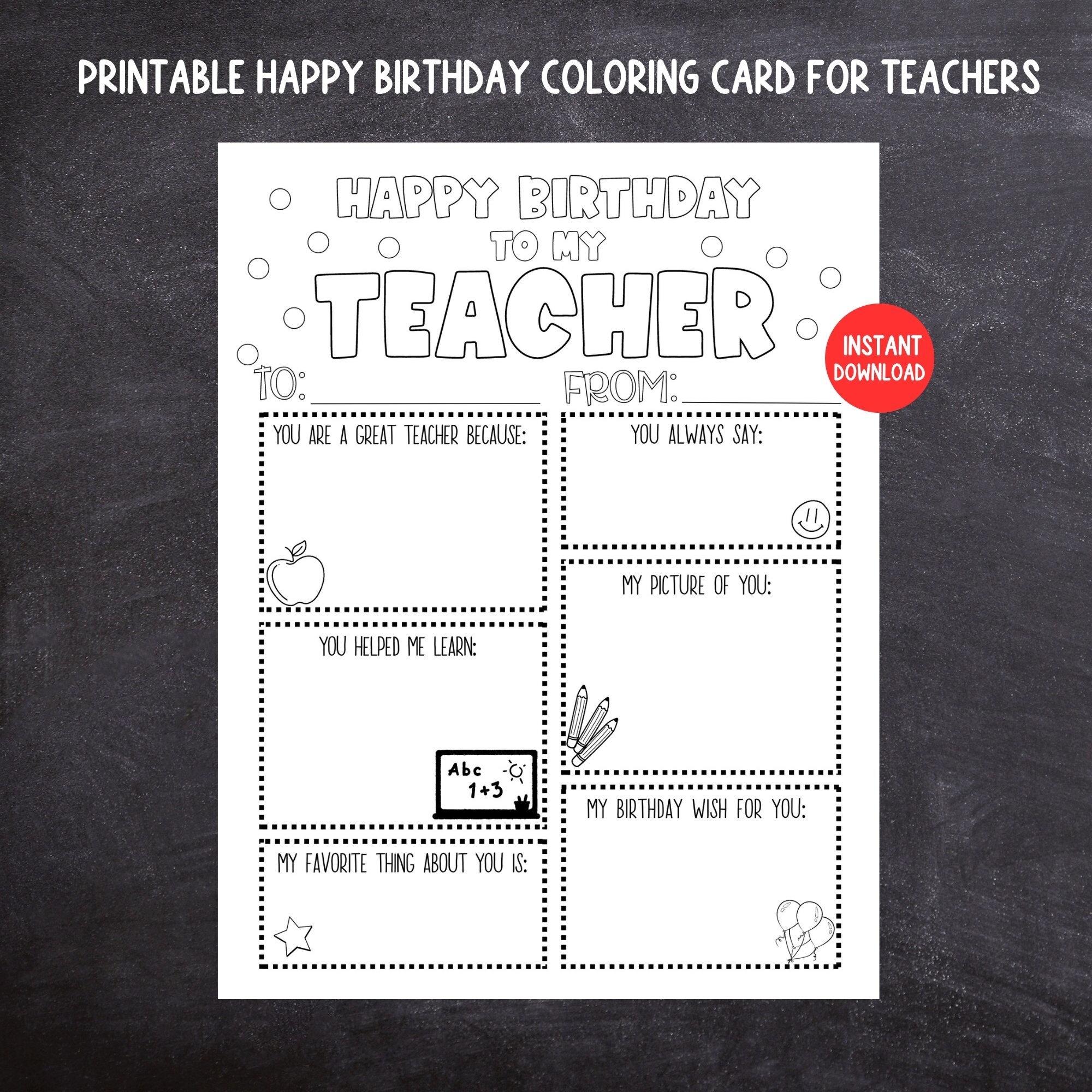 Teacher Birthday Coloring Card Printable Kids Birthday Card For 